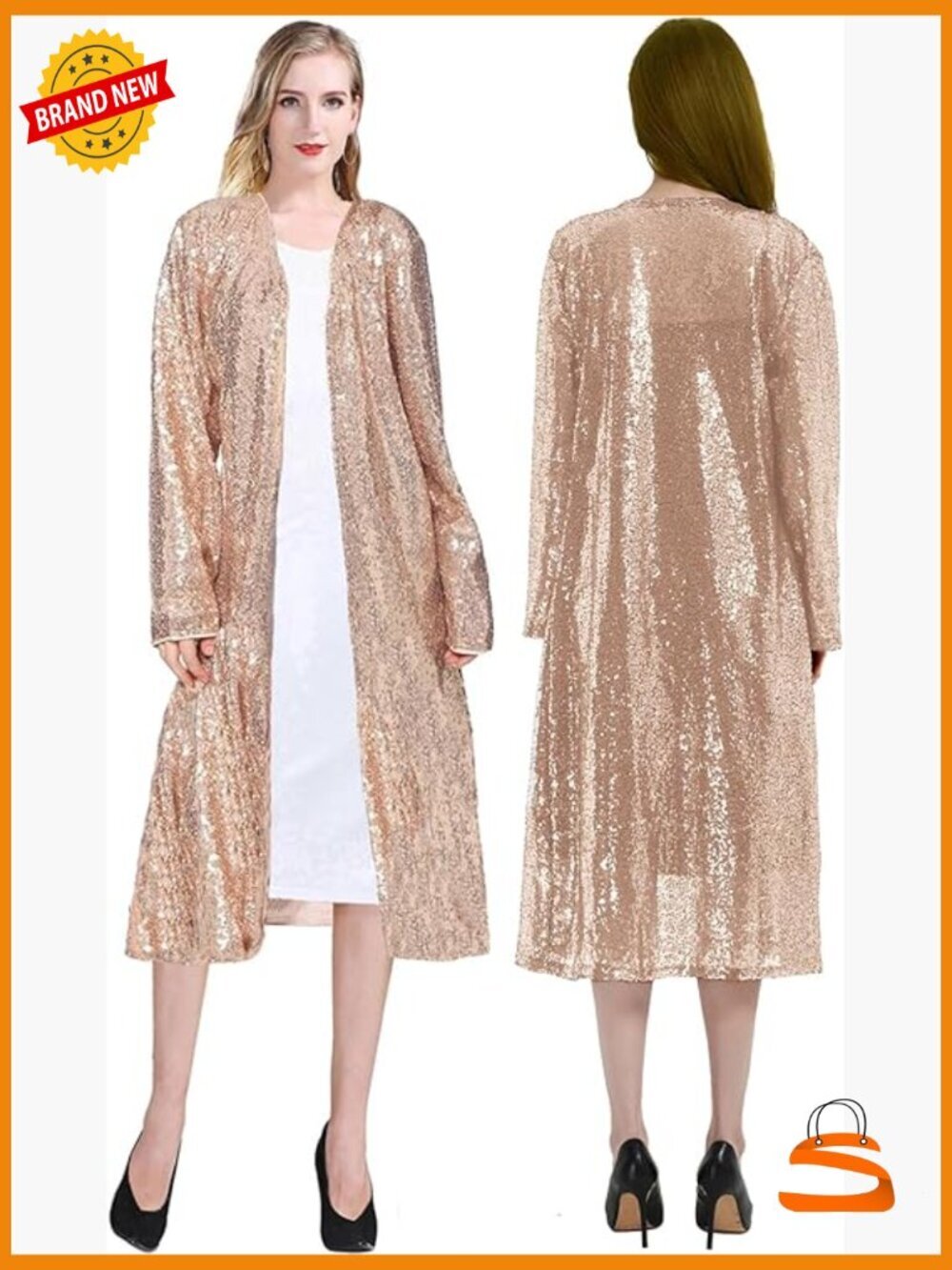 Sparkling Sequin 1920s Cover Up Cardigan Open Front Long Sleeve Coat Dress